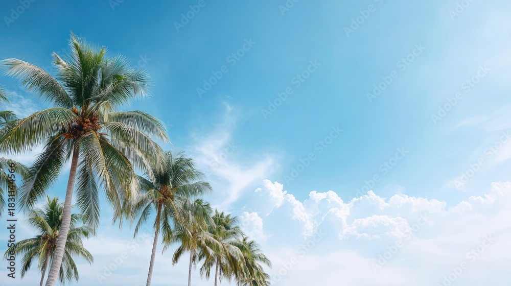 Fototapeta premium Lush green palm trees sway gently under a bright blue sky with fluffy white clouds, creating a serene tropical atmosphere ideal for relaxation and vacation vibes