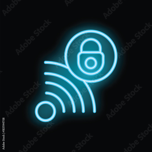 Neon glowing wifi signal is being protected by a padlock, representing a secure internet connection