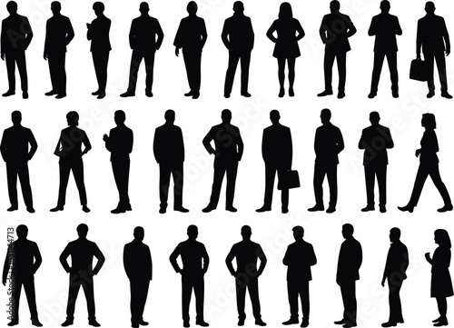 Silhouettes of business professionals in formal attire, standing, walking, holding briefcases, teamwork, leadership, office, corporate, workplace, diversity