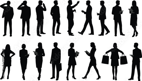 Silhouettes of business professionals in formal attire, standing, walking, presenting, holding documents, teamwork, leadership, diversity, office
