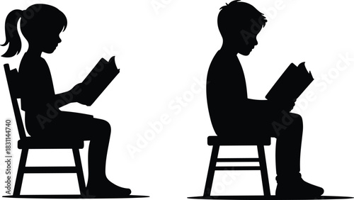 Silhouettes of children reading books on chairs, sitting upright, education, learning, childhood literacy, study, imagination, school, knowledge