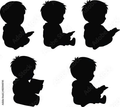 Silhouettes of children reading books, sitting cross‑legged, education, learning, childhood literacy, study, imagination, school, knowledge, development