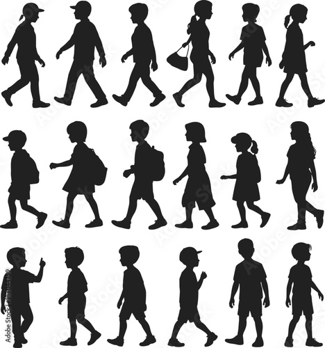 Silhouettes of children walking with backpacks, school kids, diverse postures, education, movement, students, lifestyle, activity, childhood
