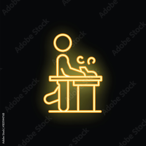 Neon sign of a businessman working late at night, developing a new business idea on his laptop