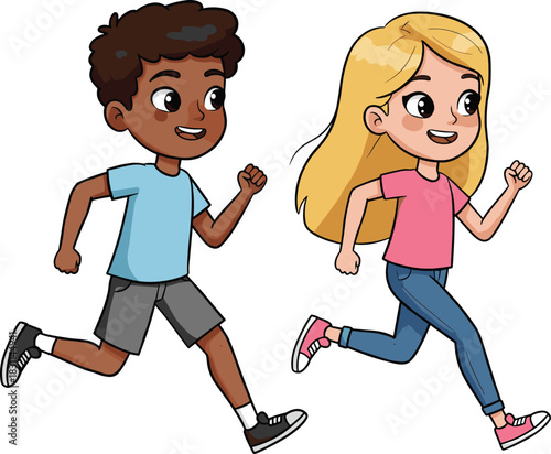 Smiling boy and girl running side by side, active children exercising outdoors, fun cartoon fitness and health illustration