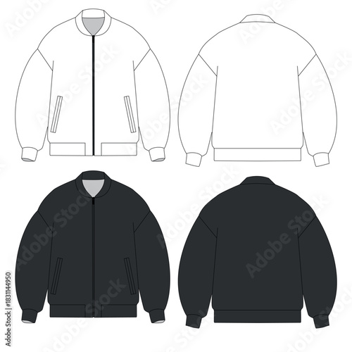 Vector sketch of an oversized bomber jacket with pockets, front and back views. Template for warm everyday outerwear for mid-season wear. Mockup of a basic unisex jacket with a zipper.