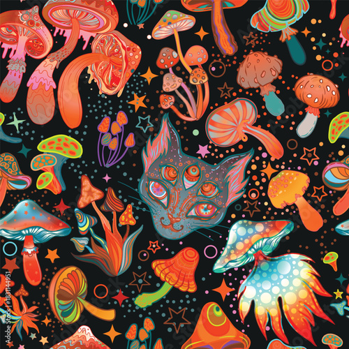 Magic mushrooms and galaxy cat seamless pattern. Psychedelic 60s hippie colorful art. Vintage psychedelic textile, fabric, wrapping, wallpaper. Vector repeating illustration.