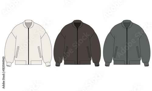 A collection of oversized bomber jackets with pockets in white, brown, and gray. A set of designs for warm everyday outerwear for mid-season wear. A mock-up of a basic unisex jacket with a zipper.