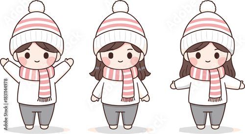 Winter character cartoon, seasonal outfit set, cold weather poses, bundled child, pink scarf, cozy style, vector illustration