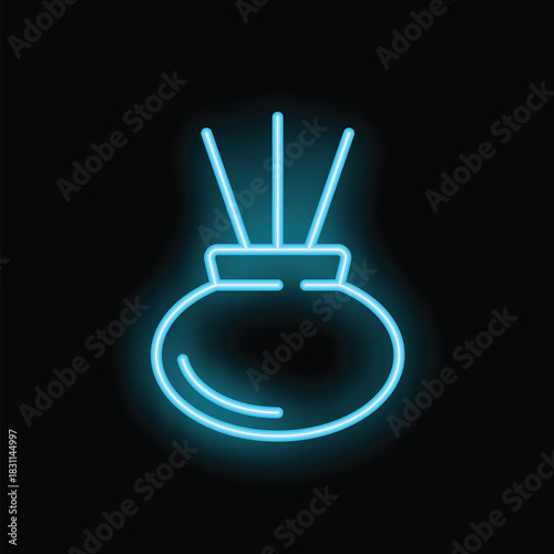 Bright blue neon sign of aroma diffuser spreading pleasant aroma from jar with sticks