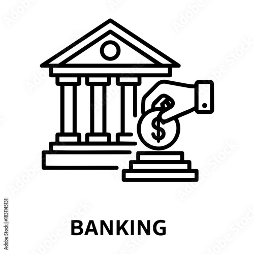 Credit and mortgage icon illustration of a bank building with columns and a hand placing a coin with a dollar sign on a pedestal