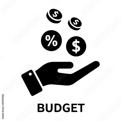 Credit and mortgage icon illustration of a hand catching falling coins with dollar and percentage signs representing budget concept