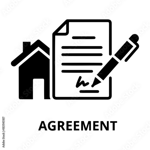 Credit and mortgage icon illustration of a house icon next to a document with a signature and a pen, representing agreement