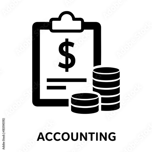 Credit and mortgage icon illustration of a clipboard with a dollar sign and lines next to stacks of coins in black and white