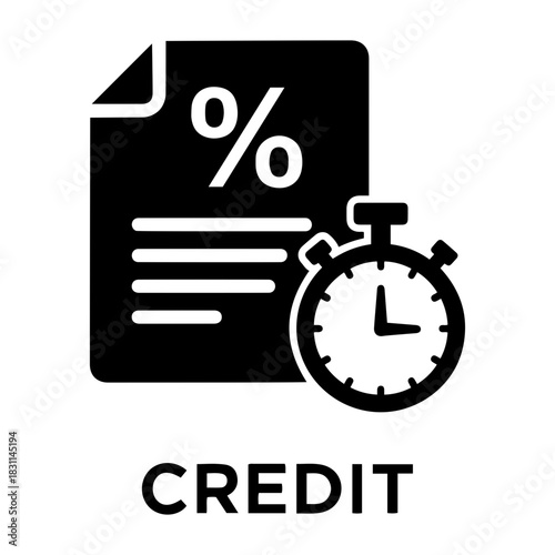 Credit and mortgage icon illustration of a document with a percentage sign and lines next to a stopwatch, representing credit