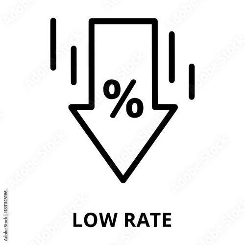 Credit and mortgage icon illustration of a downward arrow with a percentage sign inside, indicating a low rate or decrease rate