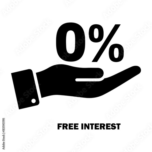 Credit and mortgage icon illustration of a hand holding a zero percent symbol representing free interest on a white background