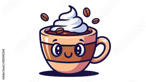 Cute Cartoon Coffee Cup with Whipped Cream and Coffee Beans.