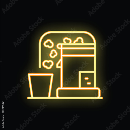 Yellow glowing neon sign depicting a popcorn machine making fresh popcorn with a cup on the side