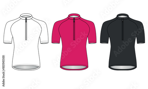 A collection of short-sleeved zip-up shirts in pink, white, and black. A set of mock-up cycling jerseys with high necklines and zippers. A sketch of a casual-style sports jacket made of knit fabric.