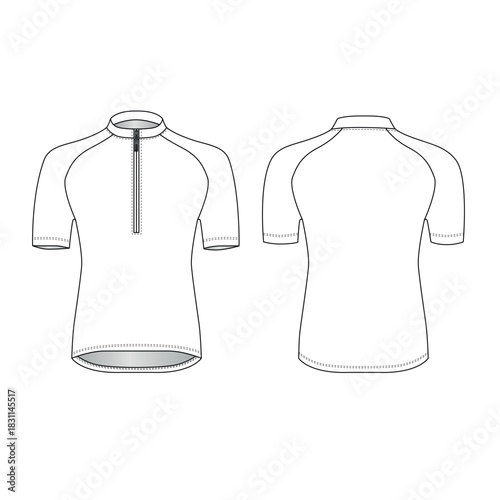 Vector illustration of a short-sleeved zip-up shirt, front and back views. Mockup of a high-necked zip-up cycling jersey. Sketch of a casual-style sports jacket made of knit fabric.