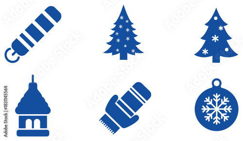 Winter Holiday Cheer Blue Christmas Tree Ornament Mittens Thermometer and Birdhouse Icons Festive Season Celebration