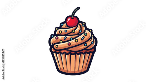 Deliciously Decorated Cupcake with Cherry Topping and Sprinkles.