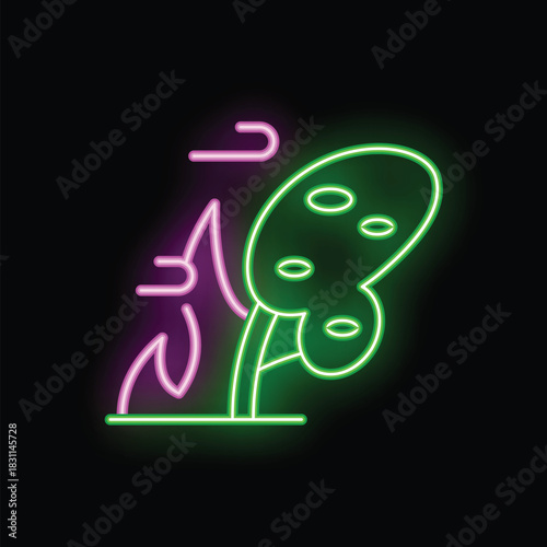 Neon sign depicting a tree bending from strong wind gusts, symbolizing the power of nature