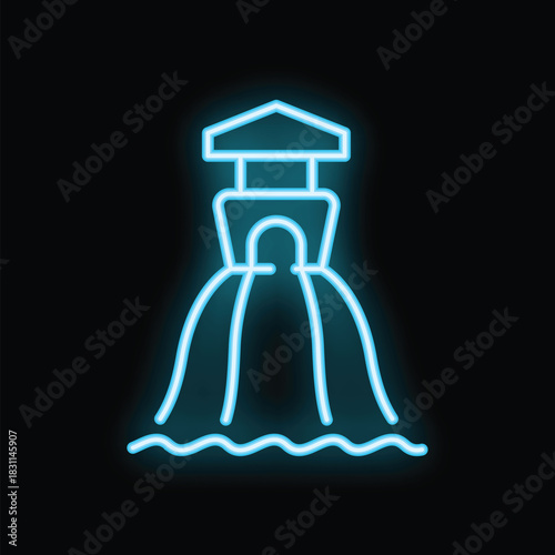 Blue neon sign representing a hydroelectric power plant generating electricity from the water flow on a black background