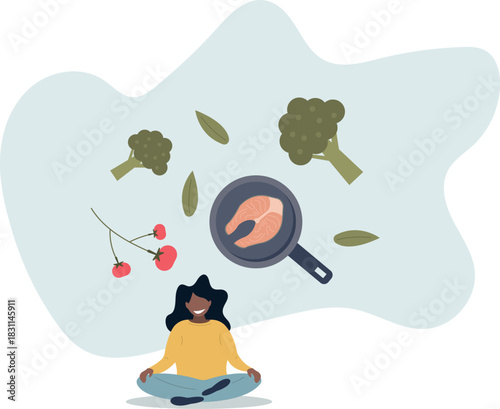 healthy eating concept.Character cooking fresh salad and other healthy meals from fresh vegetables and fish.life and employment of people.