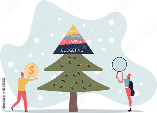 Financial planning with budgeting, saving, investing and retirement levels on labeled pyramid .life and employment of people.