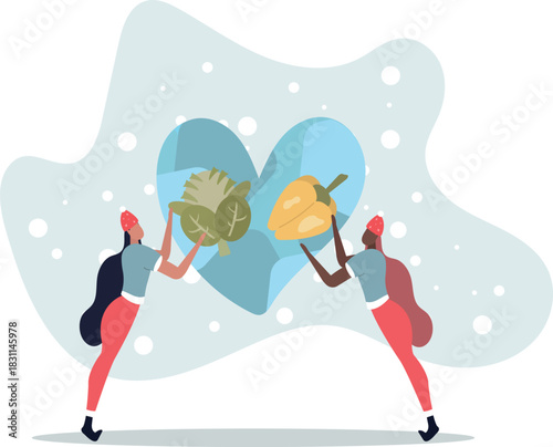 Characters carrying fresh organic vegetables.Vegetarian eating healthy food. Balanced vegan diet concept.cabbage and pepper.life and employment of people.