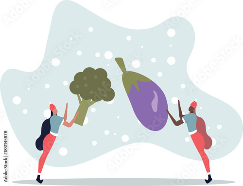 Characters carrying fresh organic vegetables.Vegetarian eating healthy food.life and employment of people.