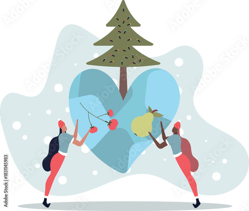 Characters carrying fresh organic vegetables.Vegetarian eating healthy food.life and employment of people.