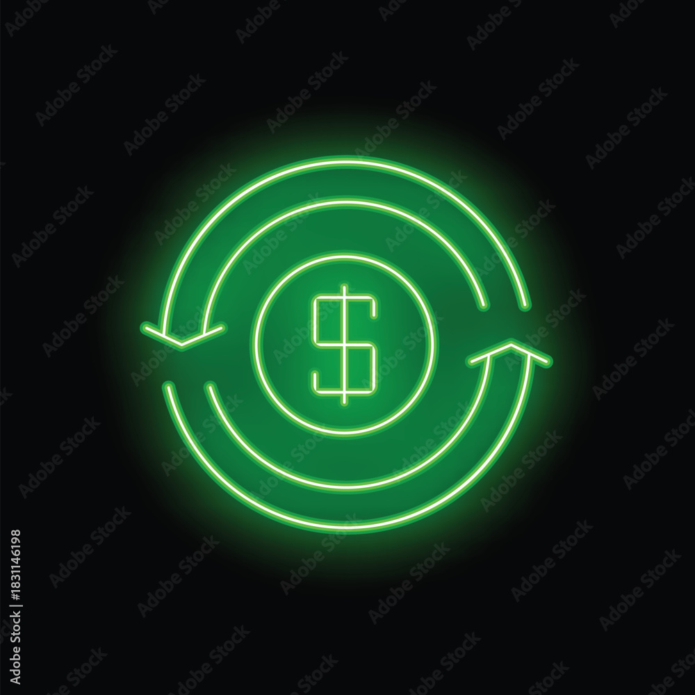 Obraz premium Green neon sign representing money circulation concept with a dollar sign in the center and two arrows making a circle around it