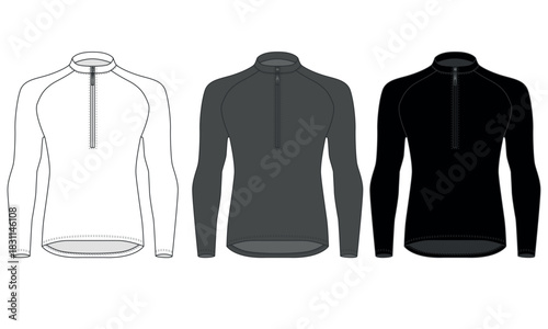 A collection of long-sleeved zip-up shirts in gray, white, and black. A set of mock-up cycling jerseys with high collars and zippers. A sketch of a casual sports jacket made of fleece and knit fabric.