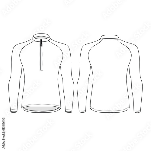 Vector illustration of a long-sleeved zip-up  shirt, front and back view. Mockup of a high-necked cycling jersey with a zipper. Sketch of a casual sports jacket made of fleece and knit fabric.