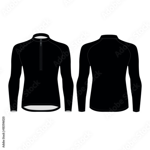 Vector illustration of a black long-sleeved zip-up   shirt, front and back views. Mockup of a high-necked cycling jersey with a zipper. Sketch of a casual sports jacket made of fleece and knit fabric.