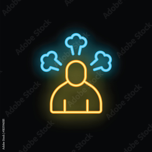 Bright neon style icon of a person getting angry, with steam coming out of their ears