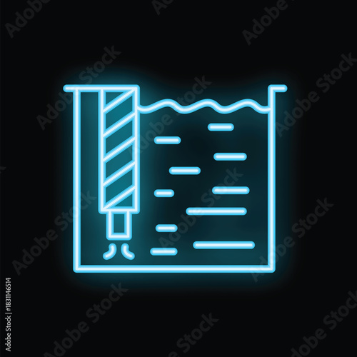 Neon blue icon of a water level sensor that is displaying the current depth of a body of water