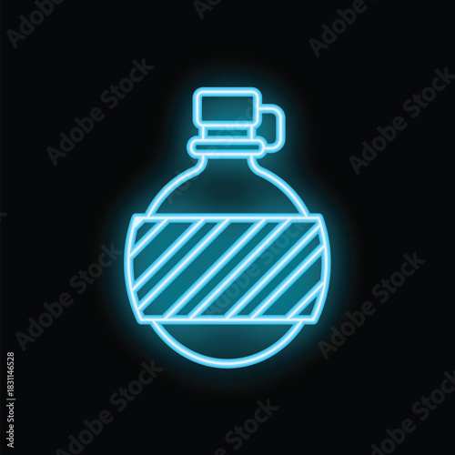 Blue neon icon of a soldier canteen water bottle glowing on a black background