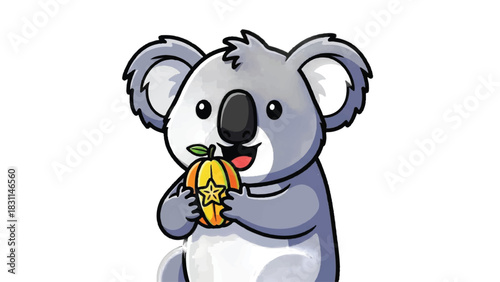 Adorable Koala Bear Holding a Star Fruit Cartoon Illustration.