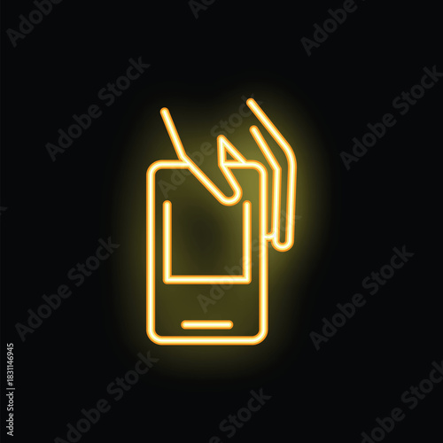 Neon sign of hands holding a smartphone and touching the screen, glowing yellow on a black background
