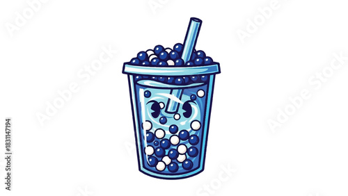 Blue Bubble Tea with Tapioca Pearls and Straw Illustration.
