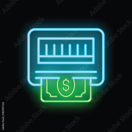 Neon atm cash machine dispensing us dollar bills on a black background