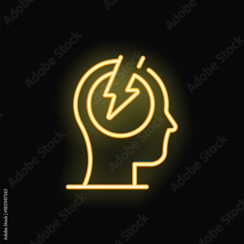 Neon sign representing brainstorming with a head and a lightning bolt, symbolizing new ideas and creativity