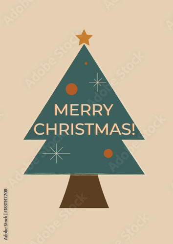 Merry Christmas, Happy New Year, Mid-century Modern Vector Illustration with Christmas Tree