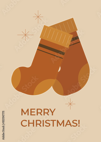 Merry Christmas, Happy New Year, Mid-century Modern Vector Illustration with Socks