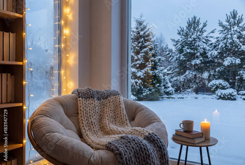 Cozy reading nook with soft cushioned chair draped in chunky knit blanket, warm candlelight, and snowy winter landscape visible through large windows creating peaceful atmosphere
