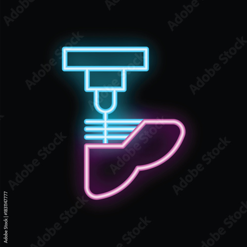 Neon icon of medical equipment analyzing a human liver, symbolizing healthcare innovation